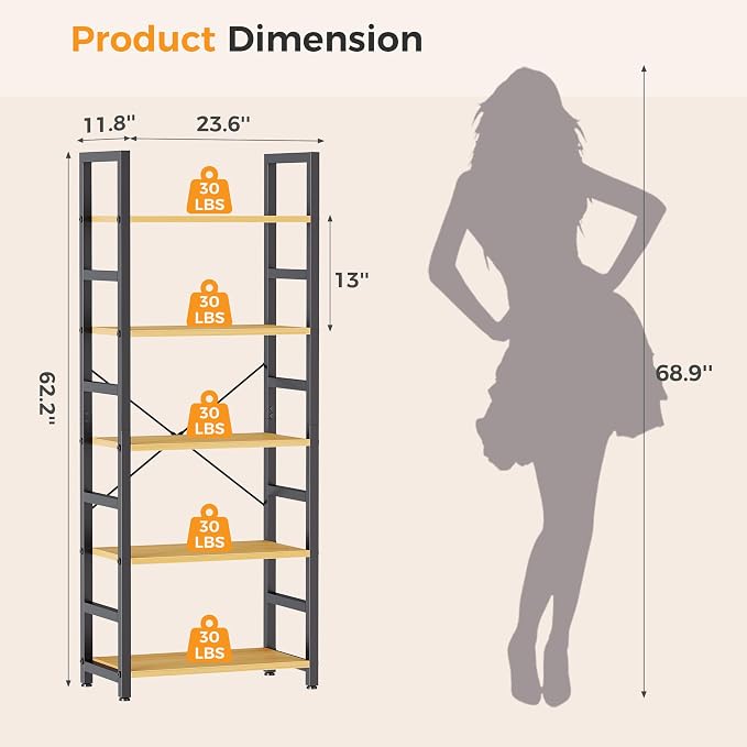 DUMOS 5-Tier Bookshelf, Modern Tall Bookcase Book Shelf | Open Storage Display Shelf for Living Room, Bedroom, Home Office, Narrow Standing Shelving Unit for Books, CDs, Décor Wood