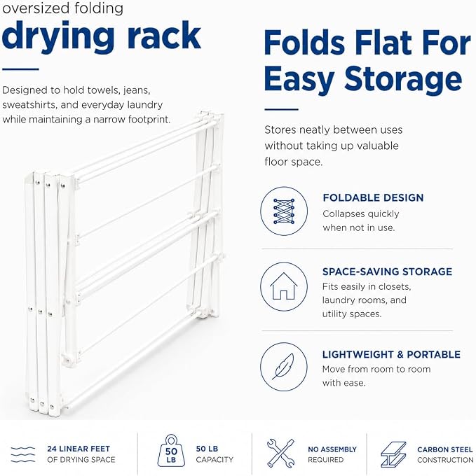 Honey-Can-Do Oversized Clothes Drying Rack, Extra-Wide 35", 50 lb, White | Fits family-size loads of towels, jeans & hoodies; rust-resistant coated steel; folds flat; indoor/outdoor; energy-saving