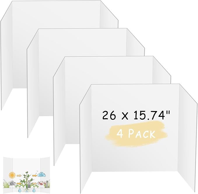 HAUTOCO 4 Pcs Medium Trifold Poster Board 26'' x 15.74'' Project Boards | Corrugated Tri Fold Presentation Boards for Science Fair, School Projects, Event Displays & Business Presentations, White