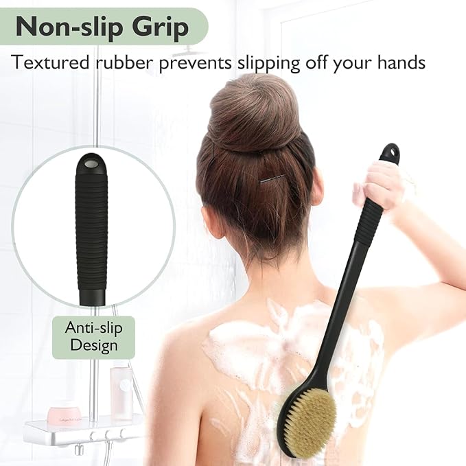 Back Scrubber for Shower, Anti-Slip Long Handle Shower Brush with Soft & Stiff Bristles, Body Exfoliator for Shower, Bath, or Dry Use (Black)