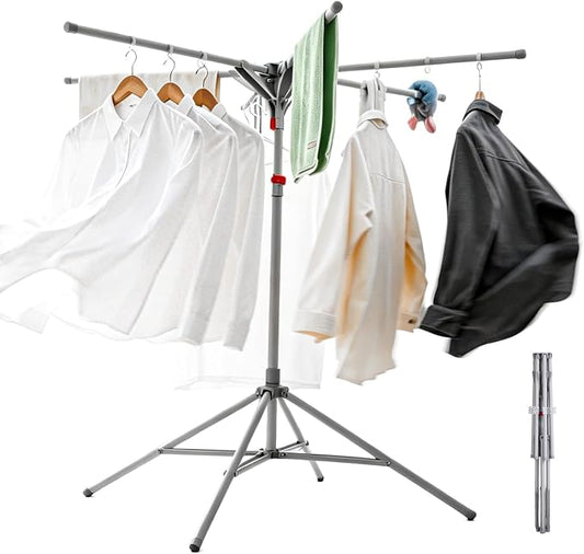 Adjustable Collapsible Umbrella Style Clothes Drying Rack, 4Legs6Telescopic Arms, Space-Saving Freestanding Laundry Airer with Windproof Clips, Easy Setup Indoor Outdoor (Gray-Carbon Steel)