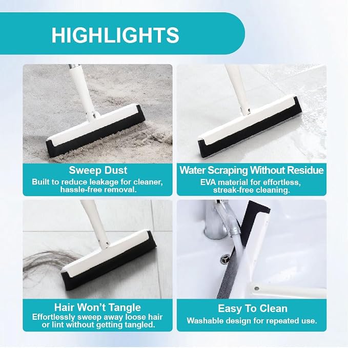 Japan-Designed Satto Floor Squeegee Kit with EVA Rubber Blade, Extendable Squeegee Broom (up to 52.56"), Water Broom for Concrete Floors, Bathroom, Window & Car Cleaning, Includes Disinfectant Wipes