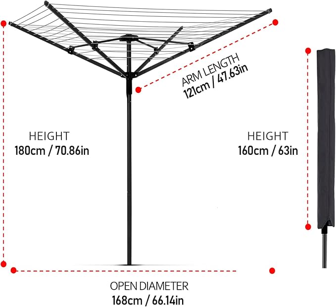 165 Feet Rotary Outdoor Umbrella Clothesline Aluminum 4 Arm Drying Rack | Steel Post Adjustable Height Retractable 12-Line Laundry Rack for Backyard Use