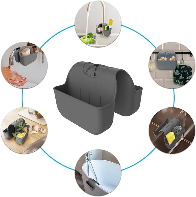 Sponge Holder for Kitchen Sink, Silicone Sink Saddle Caddy Organizer Rack, Sponges Holder Over Faucet, Hanging Kitchen Organizer Accessories Rack Basket Dark Gray