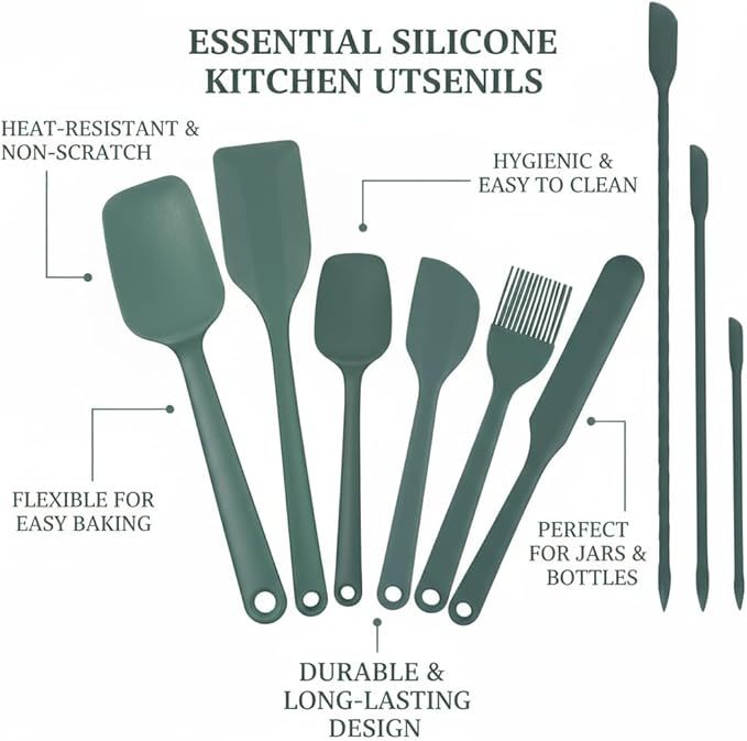 9Pcs Silicone Spatula Set,Flexible Small Spatula spoon, Kitchen Utensils for Baking, Mixing, Cooking, Frying, Jar Spatulas for Scraping,BPA-Free Heat Resistant cookware safe (Green)