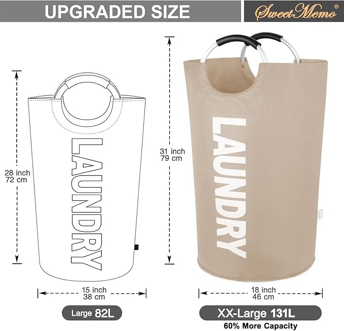 Extra Large Laundry Basket, Big Laundry Hamper Bag with Handles, 130L Brown | Freestanding Tall Dirty Clothes Hamper, Collapsible and Portable Laundry Bin for Dorms and Bedrooms, Thick, Sturdy Fabric