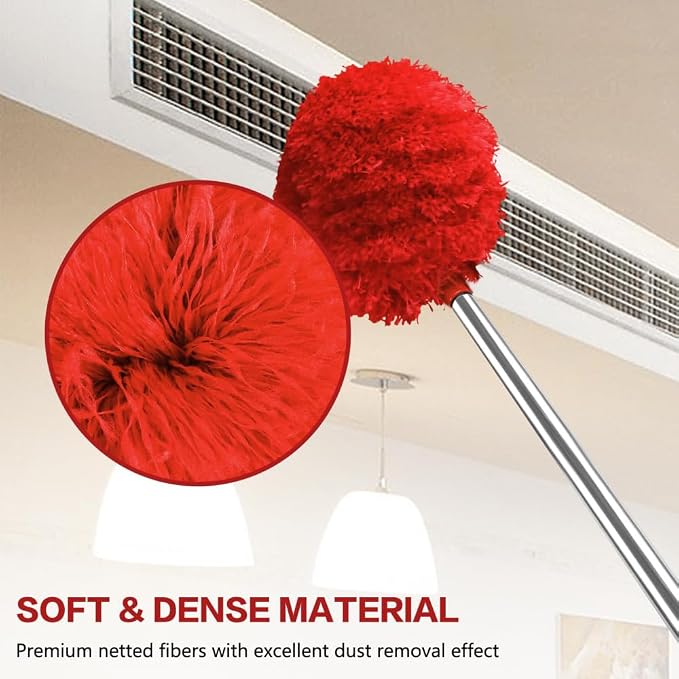 Ceiling Fan Cleaner Duster Reusable Microfiber Ceiling Fan Blade Cleaner Removable Duster with Extension Pole Adjusts 13 to 49.7 Inch for Cleaning Walls Bookshelves Furniture Door Window Top (Red)