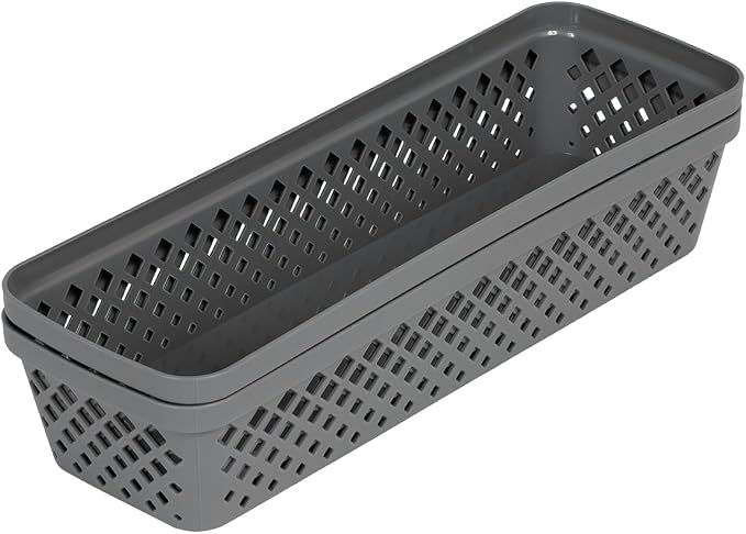 Glad Plastic Storage Basket Set - Multipurpose Drawer Trays, Kitchen Pantry Containers, and Bathroom Bins - Narrow Organizers, Grey, 6 Count (Pack of 4)