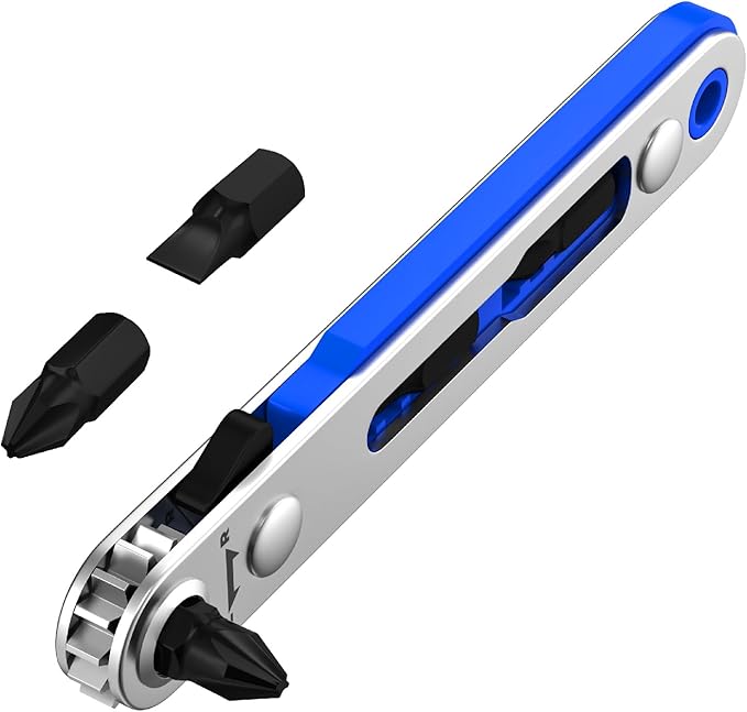 Bates- Mini Ratchet Wrench, 1/4" Magnetic 90 Degree Screwdriver, Blue, Low Profile Right Angle Screwdriver for Tight Spaces