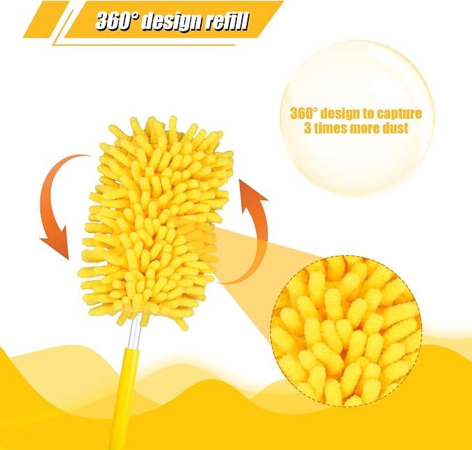2pcs Duster Refills for Swiffer, Microfiber Dusters Heavy Duty Refills 360 Ceiling Fan Duster Replacements Reusable Hand Dusters for Cleaning (Yellow)