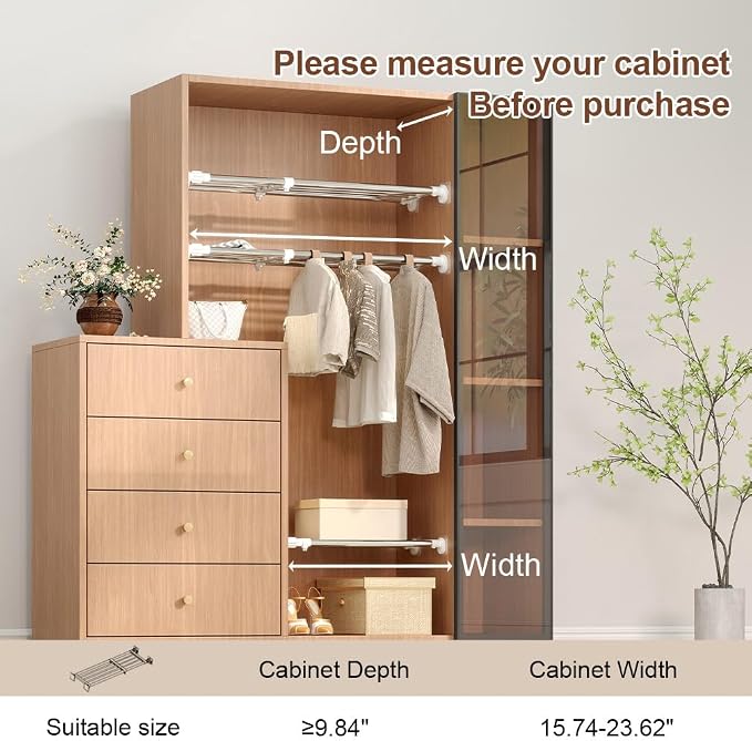 Hershii Closet Tension Shelf & Rod Expandable, Adjustable Storage Rack | Metal Organizer DIY Divider Separator for Cabinet Wardrobe Cupboard Kitchen Bathroom 15.74 - 23.62 inches