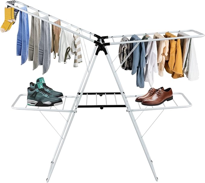 COSTWAY Clothes Drying Rack, Foldable 2 Tier Clothing Laundry Rack | Height-Adjustable Wings, 33 Drying Rails & Sock Clips, Portable Space Saving Racks for Apartment, RV, Indoor & Outdoor Use