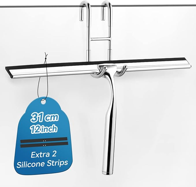 ecooe Silicone Shower Squeegee with Hanger, 12″/30cm Shower Squeegee for Glass Doors, Black Window Squeegee Scraper with Stainless Steel Core for Home Bathroom Kitchen Car Glass Doors