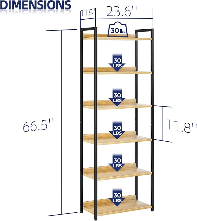 NUMENN Bookshelf, 6 Tier Freestanding Shelving Unit, Natural | Metal Frame & Wood Shelves, Falling Prevention Baffle, Open Storage Bookcase for Bedroom, Living Room & Home Office