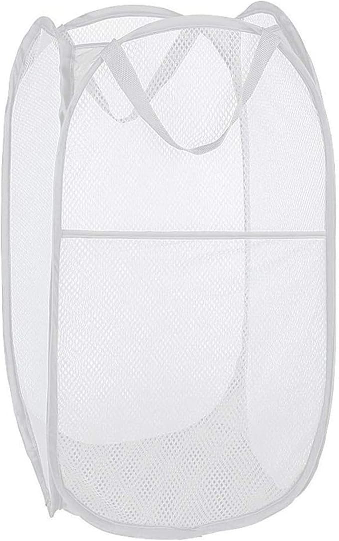 Larpur Pop Up Laundry Basket, Collapsible White Mesh Clothes Hamper Storage | Foldable Laundry Hamper with Reinforced Portable Carrying Handles & Side Pocket for Home, Dorm, Travel, Cruise
