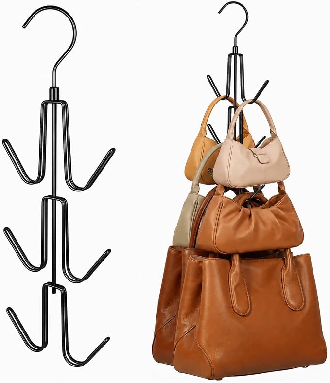 ZEDODIER 2 Pack Purse Organizer for Closet, Heavy-Duty Hanging Purse Hanger Closet Holds Up to 12 Purses, Metal Rotating Space Saving Bag Holder Handbag Storage Hook Backpack Rack, Black