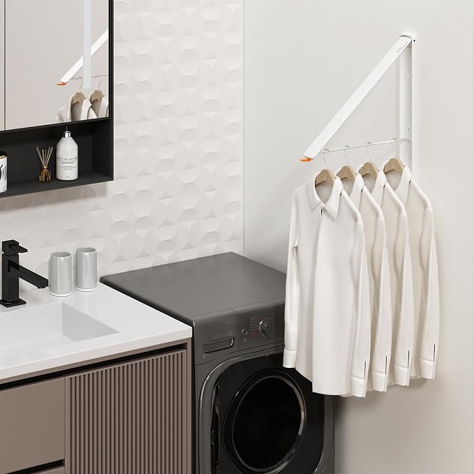 Folding Clothes Hanger Rack Wall mounted for Laundry Clothes Drying Rack | Foldable Hanger Rack Laundry Hanger Dryer Rack, Easy to Install, Closet Storage Organization, Space Saving Aluminium, White