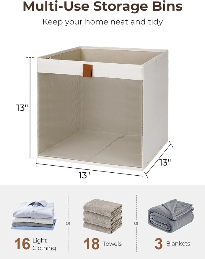 StorageWorks 13x13 Storage Cubes, Closet Storage Bins with Clear Window, Large Fabric Organizer for Clothes, Collapsible Storage Baskets with PU Handles, Beige, 3-Pack
