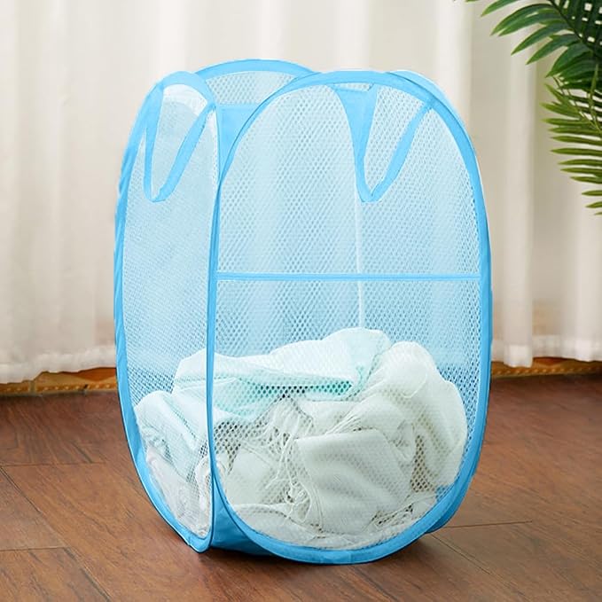 Mesh Laundry Hamper, Pop Up Laundry Basket Portable Collapsible Clothes Storage Bin for Bedroom, College Dormitory, Apartment, Foldable Clothes Hamper, Sky Blue