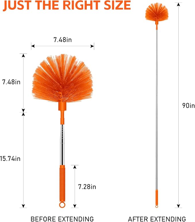 SetSail Cobweb Duster with Extension Pole, for Cobweb Cleaning, Orange | Retractable, 90-inch Long Handle, Spider Web Brush, for Outdoor Indoor High Ceilings Fan