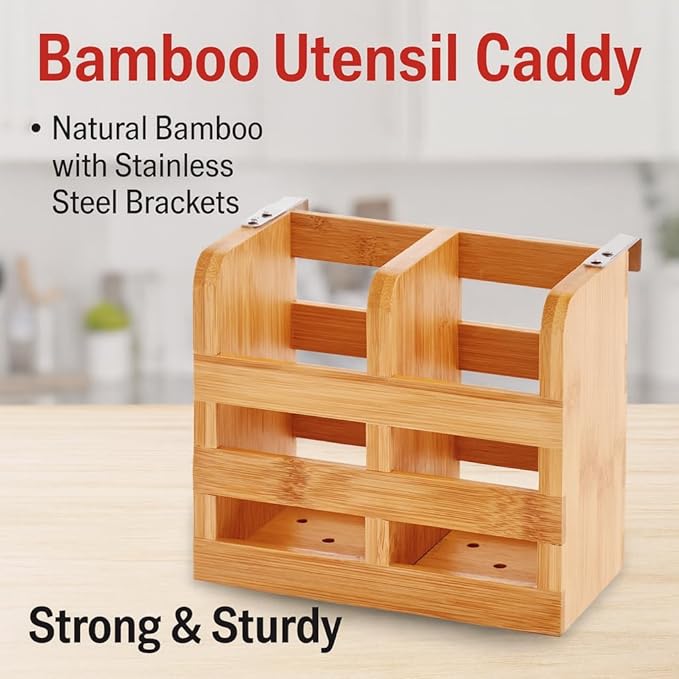 HIC Kitchen Bamboo Dish Rack Caddy, Natural Bamboo, Drying Organizer | Stainless Steel Hooks, Fits Rack #97086, Elevated Airflow Design, Fast Water Evaporation, Rinse Clean