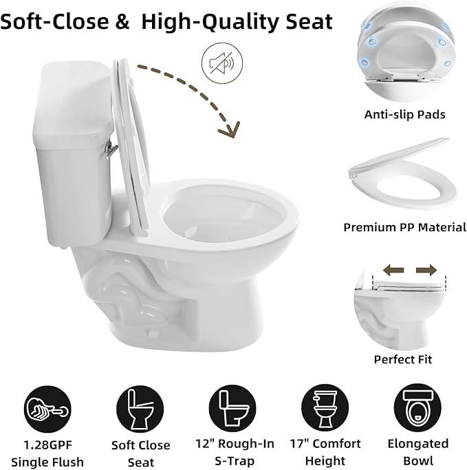 17 Inch Two Piece Toilet, Los Flexi 17.9” Tall Toilets for Bathrooms, Elongated Bowl & ADA Comfort Chair Height Toilet, Soft-Closing Seat, 1.28 GPF Siphon Flush, High-Efficiency, 12" Rough-In