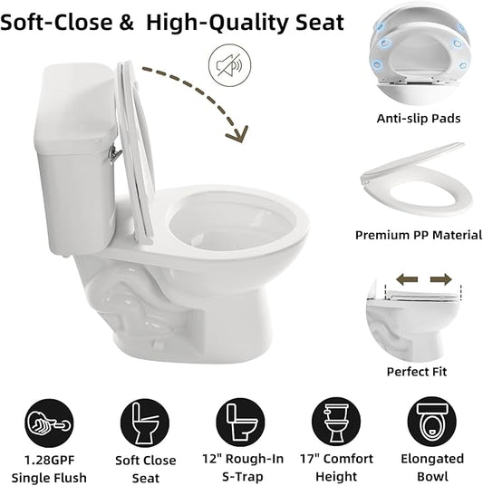 17 Inch Two Piece Toilet, Los Flexi 17.9” Tall Toilets for Bathrooms, Elongated Bowl & ADA Comfort Chair Height Toilet, Soft-Closing Seat, 1.28 GPF Siphon Flush, High-Efficiency, 12" Rough-In