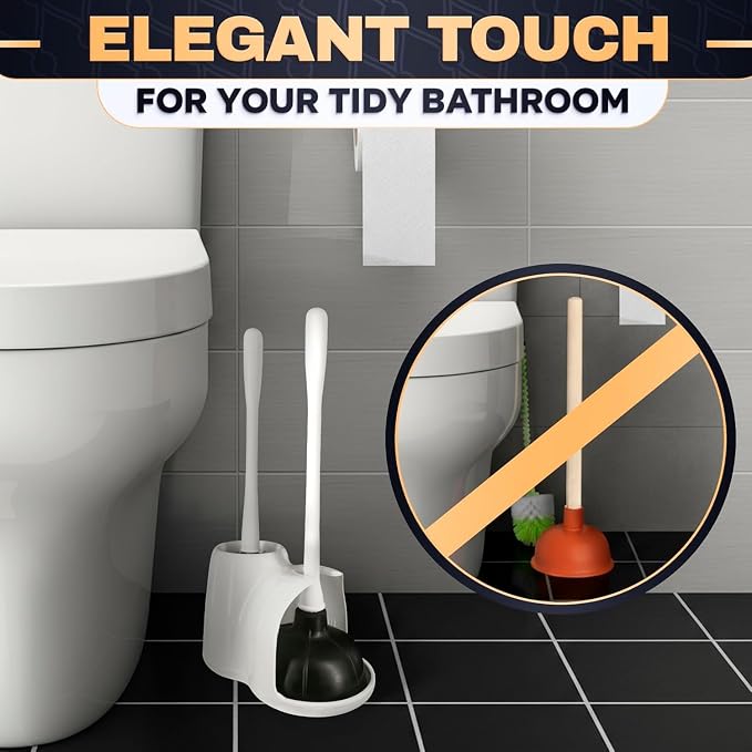 15.2" Toilet Brush and Plunger Set with Holder, Nylon Bristles, (White) | Toilet Bowl Brush, Holder and Plunger, Easy to Place and Simple to Store After Use, Compact Accessory for Small Spaces