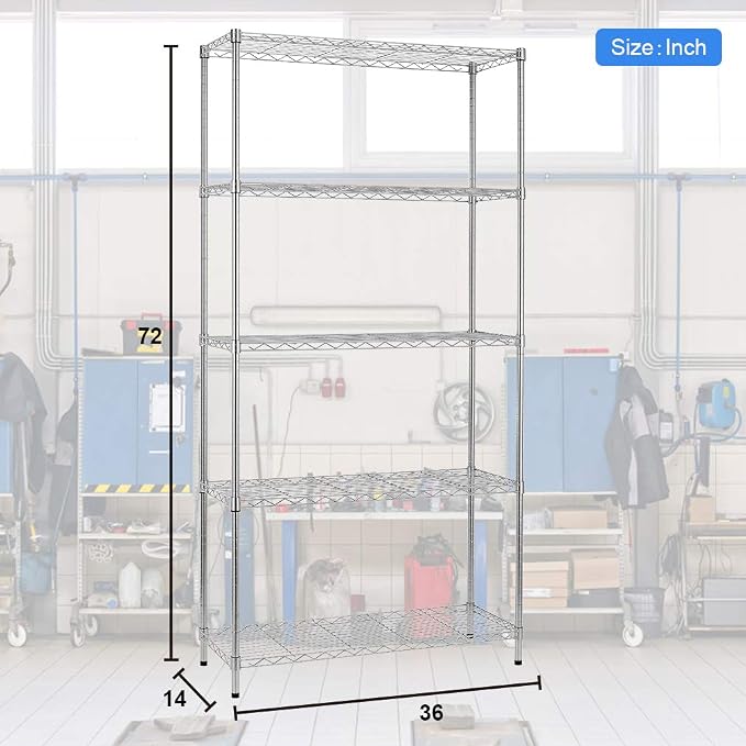 BestOffice | 5-Tier Wire Storage Shelves | 36x14x72 | Chrome | with Adjustable Racks | Heavy-Duty Metal Shelf, Holds Upto 1000 lbs | No-Tool Assembly | Ideal for Home & Garage Shelving