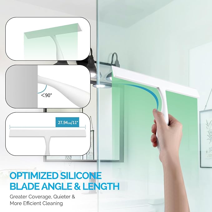 FY&XZH Never Rust Silicone Shower Squeegee for Glass Doors with Hook, Bathroom Cleaner Tool, Household Window and Mirror Squeegee, Ergonomic Thick Handle Squeegee for Shower Glass, 11-Inch (White)