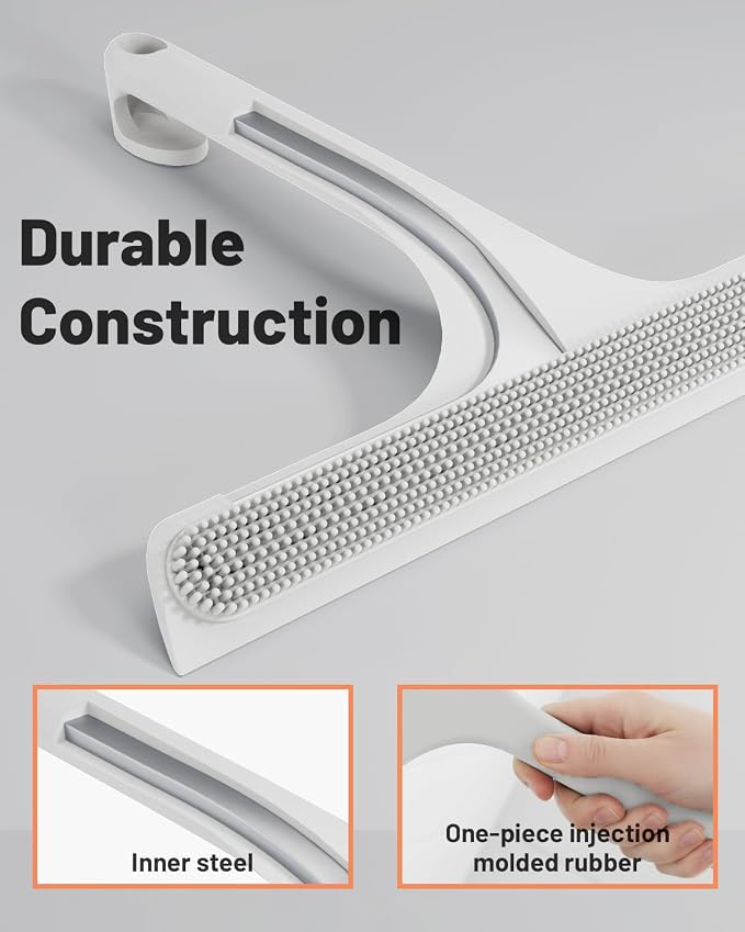 2-in-1 Silicone Shower Squeegee with Hook,Dual-Sided Design with Scraper & Scrub Surface,Streak-Free Bathroom Squeegee for Glass Doors,Mirrors,Windows,Car Windshields (White)