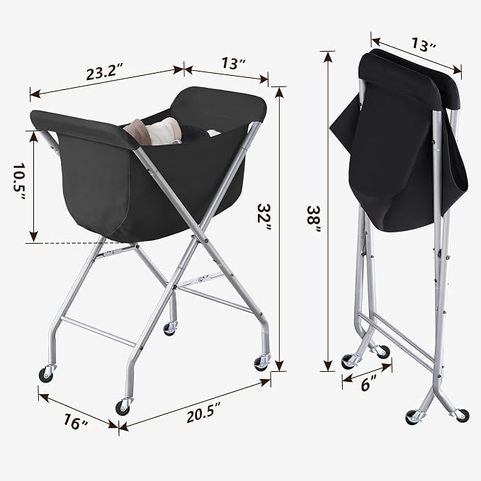 ELYKEN Laundry Basket with Wheels, Collapsible Laundry Hamper, Black | Removable Liner Bag, Foldable Design, Sturdy Metal Frame, 4 Casters, 32”H Laundry Cart for Bedroom, Bathroom & Laundry Room