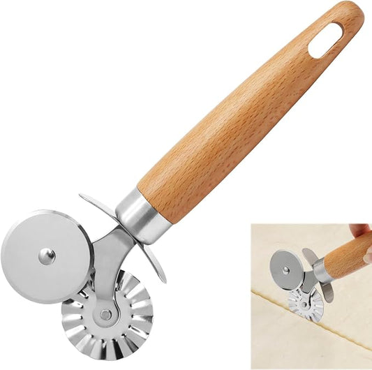 Pastry Cutter Tool, Pasta Cutter Wheel with Double Wheel Design & Comfortable Wooden Handle - Perfect for Pasta, Pizza, Ravioli & Cookie Making