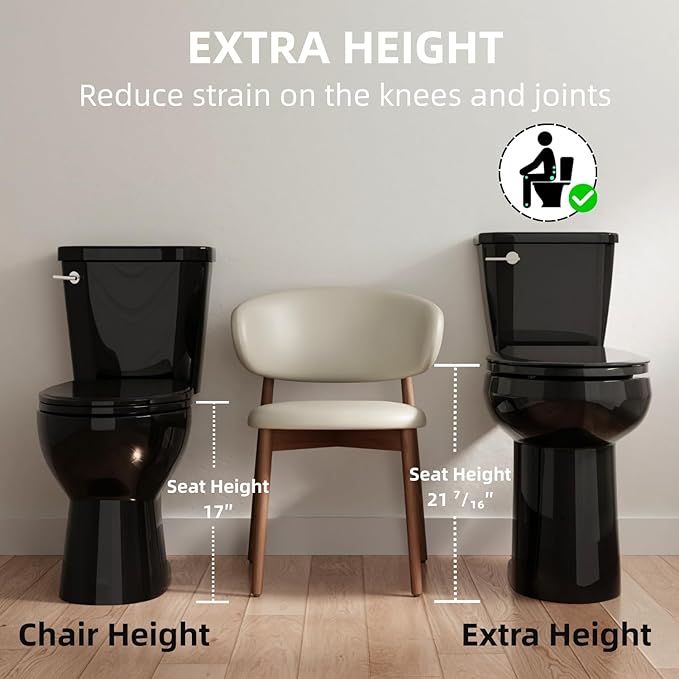 21 Inch High Black Toilet, Los Flexi Comfort 21" Extra Tall Toilets For Seniors, Elongated Bowl, Two-Piece Glossy Black Design, 1.28 GPF Single Flush, Soft-Closing Seat, 12-Inch Rough-In