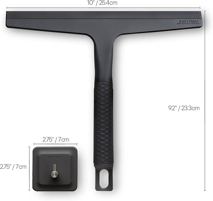 TOOLETRIES The Squeegee & Hook Glass Shower Squeegee – 10 Inch | Silicone grip shower squeegee for glass, mirrors and windows with a matching storage hook.