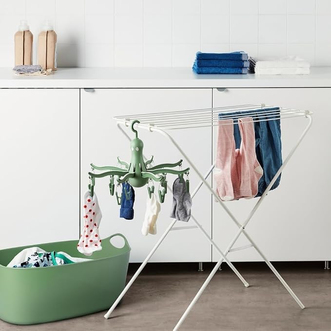 PRESSA Hanging Dryer 16 Clothes Clips Octopus Laundry Dryer Foldable Hanging Drying Rack 8 Claw Peg Hanger Space Saving Indoor Outdoor Clothes Airer (Green)