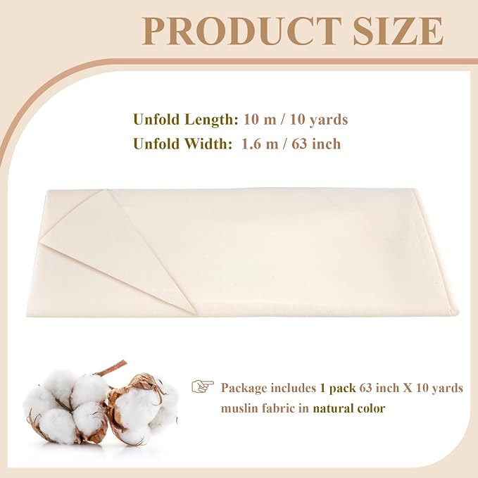 100% Cotton Muslin Fabric, 63 Inch X 10 Yards Unbleached Fabric by The Yard | Medium Weight, Easy Care, Fabric for Sewing Embroidery , Garments, Crafts Material, Apparel Cloth