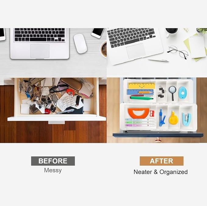 YOOUSOO Expandable Drawer Organizer, 2 PCS Adjustable Drawer Organizer Trays, Drawer Dividers Organizers and Storage For Office Supplies, Pens, Makeup,Utensils, Tools, Flatware and Junks, White | Drawer Dividers Organizers and Storage For Office Suppli...