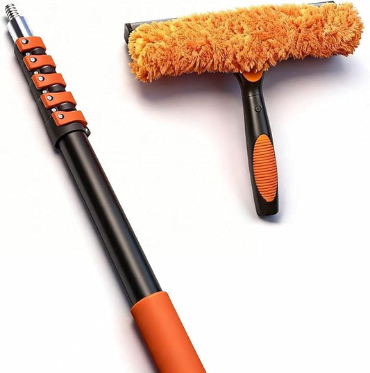 30FT High Window Cleaning Kit, 5-24 FT Telescoping Extension Pole with Dual Action Flip-Lock & Screw Fixing Design, 2-in-1 Window Squeegee, Professional Long Handle Washing Tool for High Windows