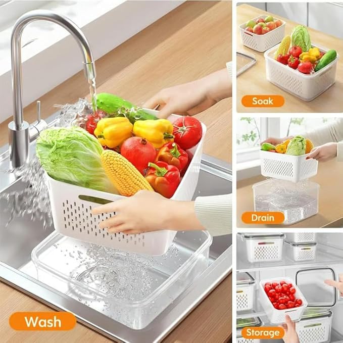 4 in 1 Food Storage Container, Fruit Storage Containers for Fridge, Produce Storage Containers with Lid and Strainer, Including Drain Basket, Multipurpose Large Fruit Containers for Fridge (L-Grey)