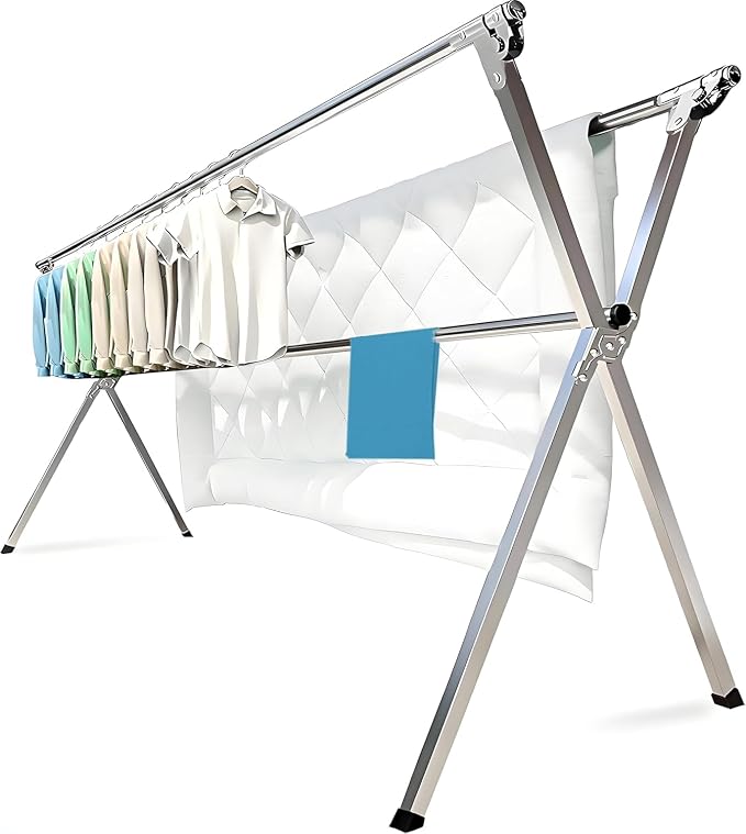 AZK Clothes Drying Rack Extendable Laundry Drying Rack with 20 Hooks | Stainless steel Sturdy Lightweight Frame Foldable Portable Design for Indoor and Outdoor Sun Drying of Garments 79.55In