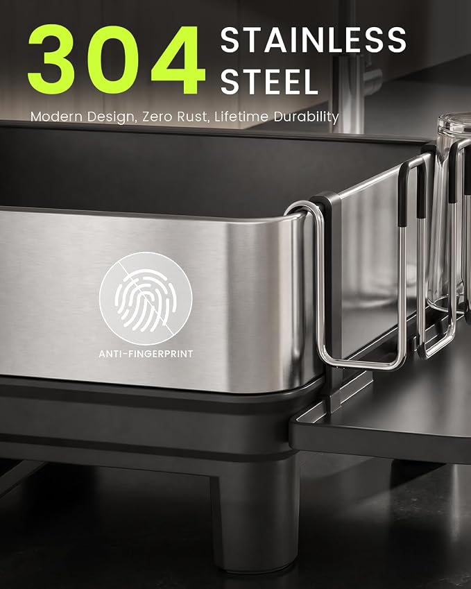 Dish Drying Rack, 2 Tier 304 Stainless Steel Dish Rack and Drainboard Set, Rustproof Dish Drainer with Anti-Pooling Automatic Drainage, Large Capacity Kitchen Counter Organizer, Black