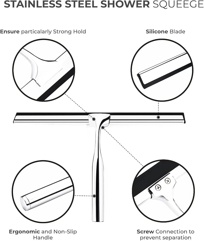 Squeegee for Shower Glass Door with Holder, 10" Silicone Blade, Stainless Steel Chrome Handle, for Kitchen Window, Bathroom Mirror & Car Glass Cleaning by Fab Glass and Mirror