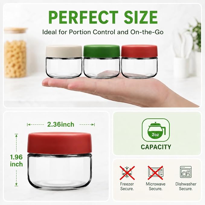 EONJOE 2 oz Glass Dressing Containers With Lids, Sauce Jars for Lunch, 6pk | Airtight ,BPA Free,Perfect for salad dressing sauce dip condiment to go lunch box Accessories , Dishwansher safe