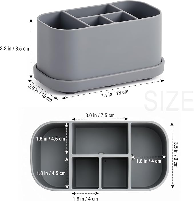 Luxspire Toothbrush Holders for Bathrooms, Silicone, 5 Slots, Gray | Toothbrush Organizer with Suction Cup Tray, Toothbrush Holder with Drainage for Bathroom Countertop