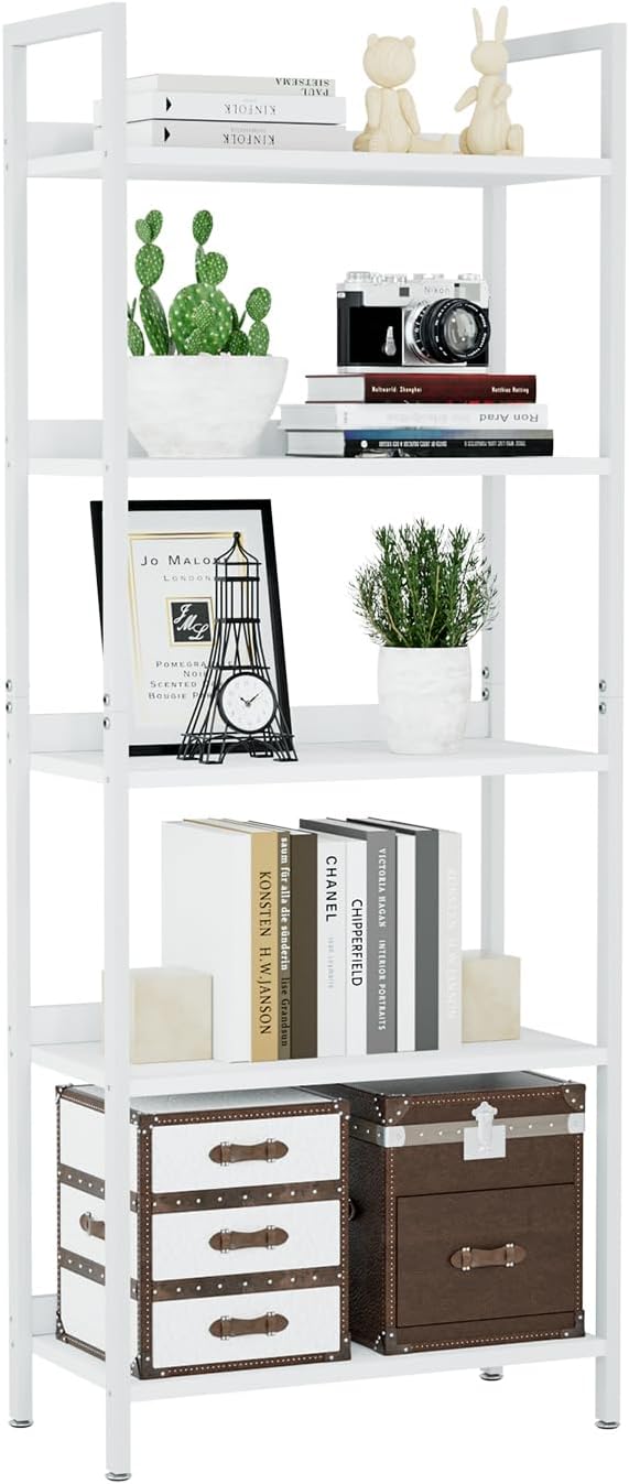 NUMENN Bookshelf, 5 Tier Freestanding Shelving Unit, White | Metal Frame & Wood Shelves, Falling Prevention Baffle, Open Storage Bookcase for Bedroom, Living Room & Home Office