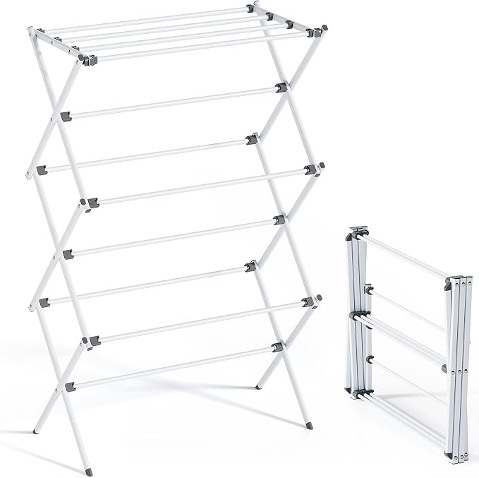 Clothes Drying Rack Foldable, Laundry Drying Rack 3 Tier, Foldable Metal Clothing Dryer for Cloth Towel Shirt, Collapsible Clothe Horse Compact Storage, Clothes Airer Indoor Outdoor, White