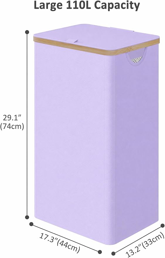 IEGrow Laundry Hamper with Lid,110L Laundry Basket with Mesh Bag,Purple | Dirty Clothes Hamper Basket with Bamboo Handle for Clothes Towels Organization