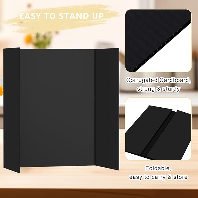 HAUTOCO 4 Pcs Medium Trifold Poster Board 26'' x 15.74'' Project Boards | Corrugated Tri Fold Presentation Boards for Science Fair, School Projects, Event Displays & Business Presentations, Black