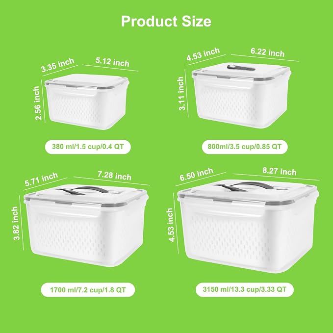4 Pack Fridge Fruit Storage Containers with Colander, BPA Free Plastic, Airtight, with Vent Handle Stackable Refrigerator Organizer Bins for Berry, Meat, Vegetable